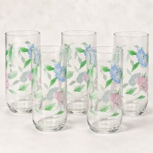 Vintage Luminarc Morning Glory 14oz Glass Tumbler Set of 5 France Floral Pastel